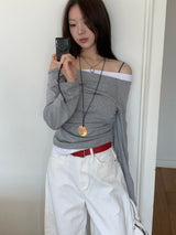 Milky Unbalance Off-Shoulder Boatneck Shirring Long Sleeve T 