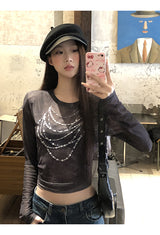 ビーズプリンテッドシースルーロングスリーブTシャツ