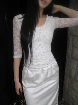 Web Flower Lace Slim Three Quarter T-shirt