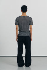 Sheer stripe ribbed henley half sleeve(Black)