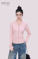 Round Zip-Up Twist Long Sleeve Knitwear