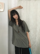 ソハUネックボーダーストラップ半袖Tシャツ