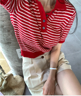 Slow Collar Striped Short Sleeve Knit / 5 Colors
