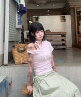 オフショルダーツイスト半袖Tシャツ Pink