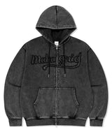 WASHED CUT OFF APPLIQUE HOOD ZIP UP