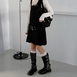 Six buckle belt long worker leather boots