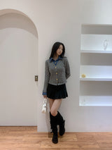 Perry Denim-Layer Cable Knit Long Sleeve Cardigan