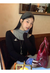 リップネックレイヤードロングスリーブチェックTシャツ
