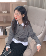Round collar striped frill T-shirt