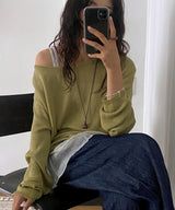 ヴェイルルーズフィットワンショルダーボートネックサマーニットトップス 7 Colors