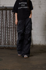 Dirty Washed Wide Cargo Denim Pants - Black