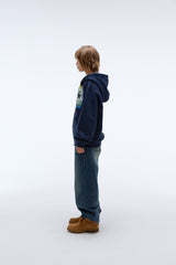 Sound wave artwork damage washing hoodie zip-up (Navy)
