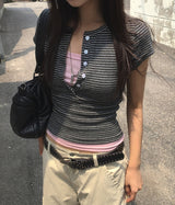 26SS★ [MADE] Momin Stripe Color Matching Button Layered Slim Short Sleeve T-Shirt
