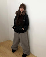 Lahin Printed Oversized Faux Fur Hood Zip-Up