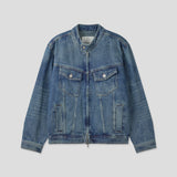 With denim biker jacket