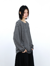 RELABEL (Vision) Lightweight, velvety-textured striped patchwork long-sleeved T-shirt with a wet-look finish, studded details and a scoop neck