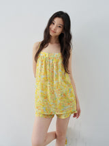 Yellow Floral Print Spaghetti Strap Top and Shorts Set, Island Resort Style