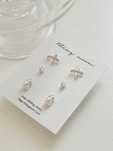 [3-Set] Simple Cross Pearl Earring Set / Daily Cubic Mini Wedding Guest Look
