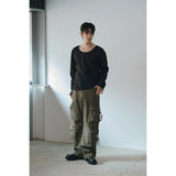 Brushed crop u neck long sleeves(Black)