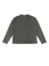 FLOCKED DENIM PATCH EMBROIDERY WAFFLE KNIT HENLEY COLLAR BASE LAYER CARDIGAN