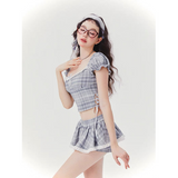 [GirlyFancyClub] Music Festival Outfit Plaid Short Top and Skirt Two-Piece Set Girl Group Style Sweet and Spicy Set