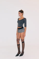 Sweetie Lace Trim 3/4 Sleeve Tee (Charcoal)