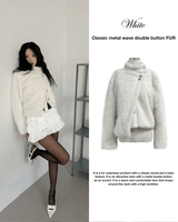 Classic Metal Wave Double Button High Neck Fur Coat (White)