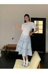 Lace shirring round loose fit short sleeve tee