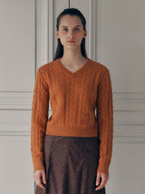 V NECK CABLE LABEL KNIT ORANGE