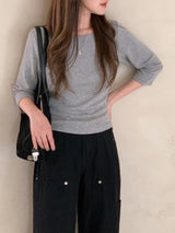 Boat Neck Three Quarter Sleeve T-Shirt (4color)