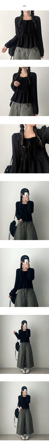 Lynx Ribbon Square Neck Shirring Blouse