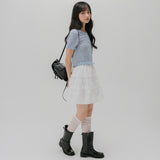 クロシェ ショートスリーブド ニット カーディガン (LIGHT BLUE)