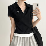[Shirring T-shirt🤍] Open collar polo layered short-sleeve (5 colors)