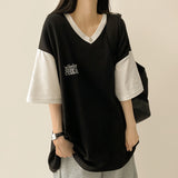 Eau color matching V-neck short-sleeved tee