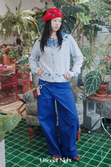UnsocalNight2025 Original Literary Retro Autumn and Winter プリントブルーストレートマシェパンツ