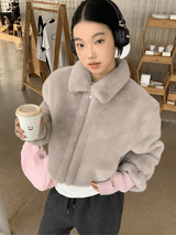 Mink collar short zip-up fur jumper jacket