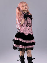 EVILTOOTH Eliza Heart Pink and Black Plaid Ruffle Collar Shirt with Embroidered Bow and Slim Flared Sleeves