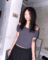 (3color) Dot Shirring Neck Off-Shoulder Puff Tee