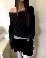 アシンメトリーカラーブロックシアーワンオフショルダー長袖Tシャツ