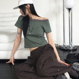 ストライプオフショルダー半袖Tシャツ