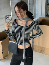 オーウェンストライプワイドユーネックロングスリーブTシャツ