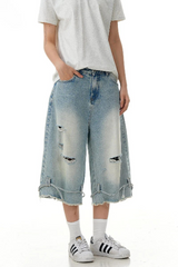 Ripped Drawstring Denim Shorts