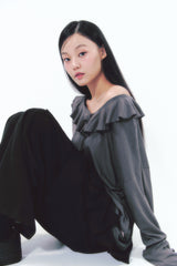 Rose Brooch Frill Long Sleeve Charcoal