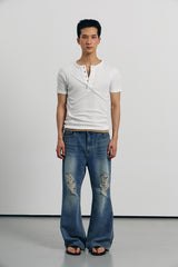 Tin washed damage flare denim pants(Blue)