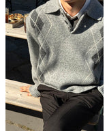 [Unisex] アーガイルクロップカラーニット(3color)