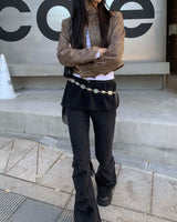 Shirring dark denim boots cut pants