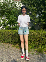フラワーエンブロイダリーライトブルーデニムショーツ code 18201
