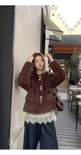 wool no collar brown button fur jacket