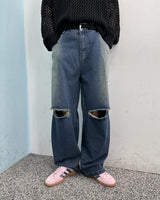 Ripper washed wide denim pants
