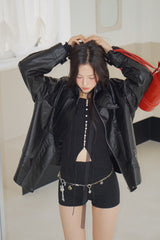 Free Shine Loose Fit Leather Rider Jacket